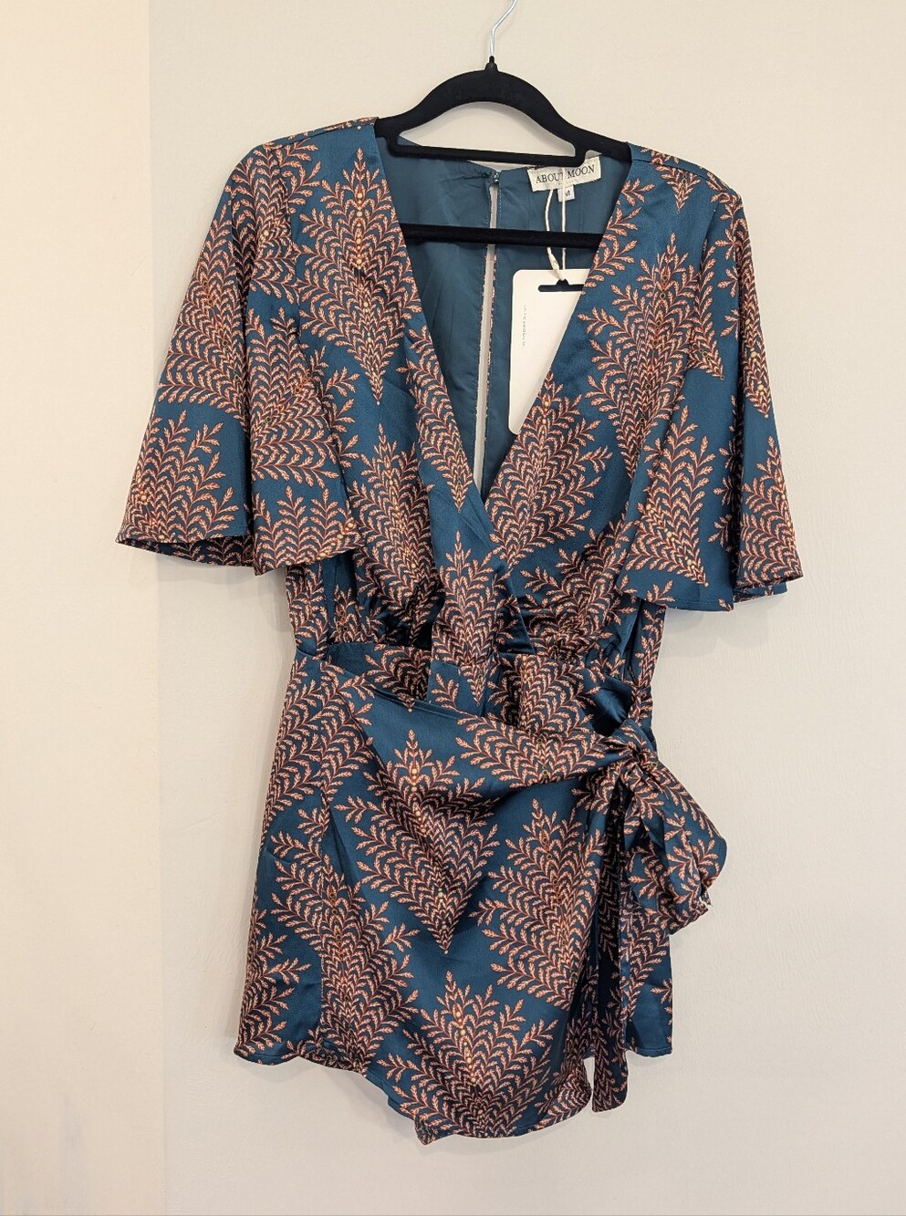 NWT Vixen Romper Teal & Brown Printed Wrap  Dress/Shorts In Satin Women's Size M